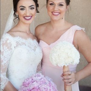 One shoulder, David’s Bridal Chif bridesmaid dress